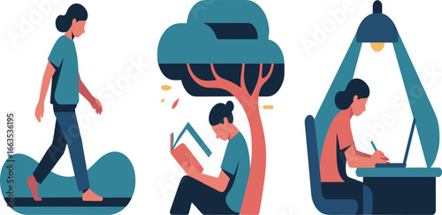 Daily activity illustration, walking on treadmill, reading under tree, working at desk, lifestyle concept, cartoon vector, modern design, sticker set