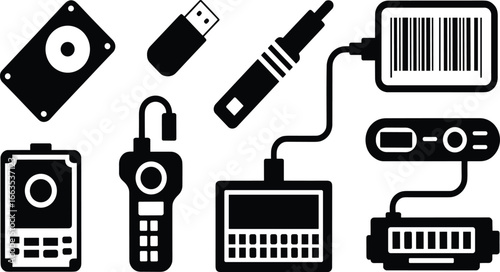 Electronic device icons, USB, hard drive, barcode scanner, vape pen, handheld gadgets, keyboard, tech vector set, black symbols