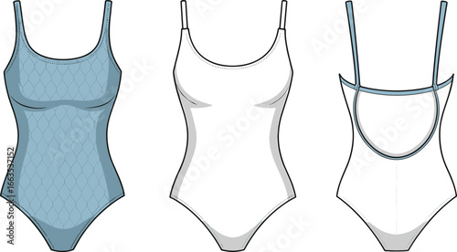 CAD drawing flat vector illustration of one-piece swimsuits, front and back views, stylish fashion layout, swimwear template, garment design sketchCAD drawing flat vector