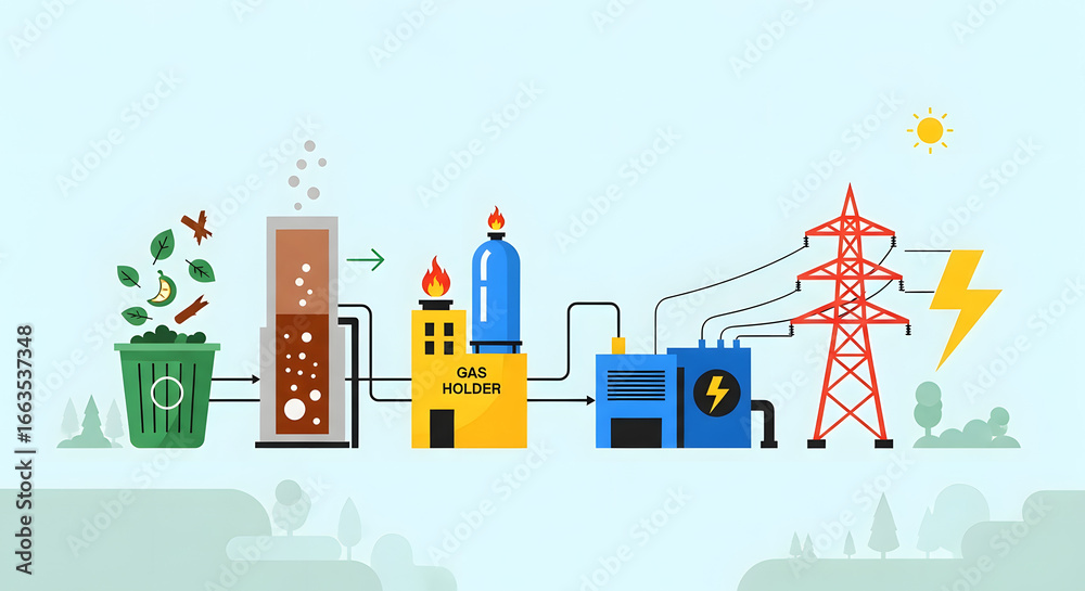 Obraz premium A simplified illustration of a biofuel production process, showing the transformation of organic waste into energy.