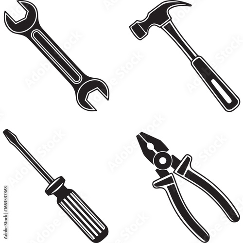 Art of set of four essential hand tools including a wrench, hammer, screwdriver, and pliers