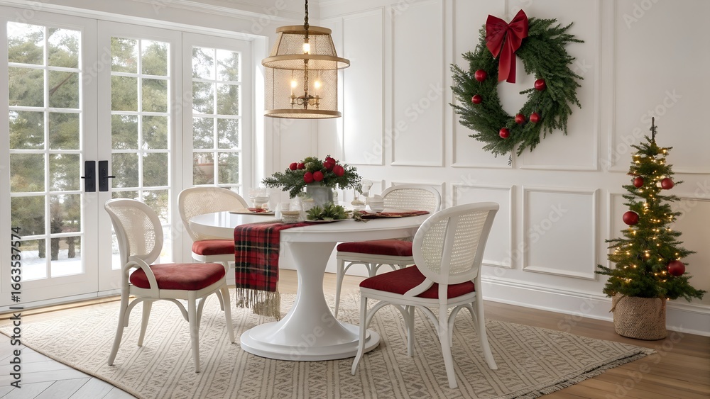 Fototapeta premium Minimalist White Interiors Christmas dining room with tulip base glossy lacquer table and elegant holiday styling for Florida coastal homes
