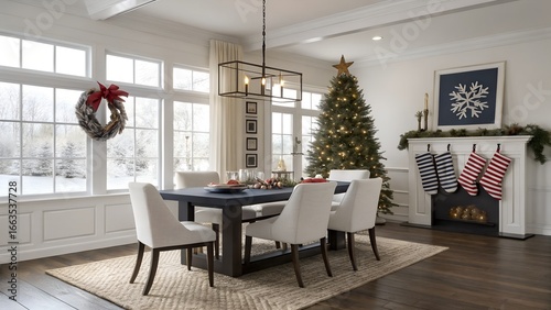 Minimalist Christmas dining room with rectangular dark espresso table and elegant holiday styling for Midwest homes