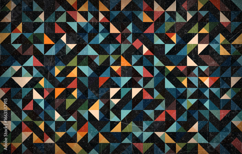 Abstract Geometric Pattern in Bauhaus Style – Colorful Modern Vector Design. Retro Colors from the 1970s 1980s, 70s, 80s, 90s. Grunge scratch 70s style stripes background poster lines. Noisy grain