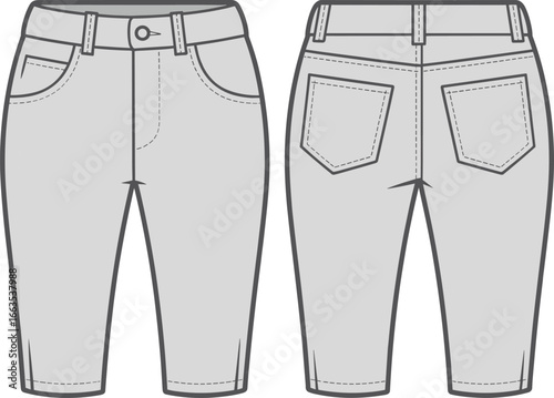 Women’s grey shorts, front and back view, casual summer apparel, vector fashion illustration, flat design template, clothing technical drawing