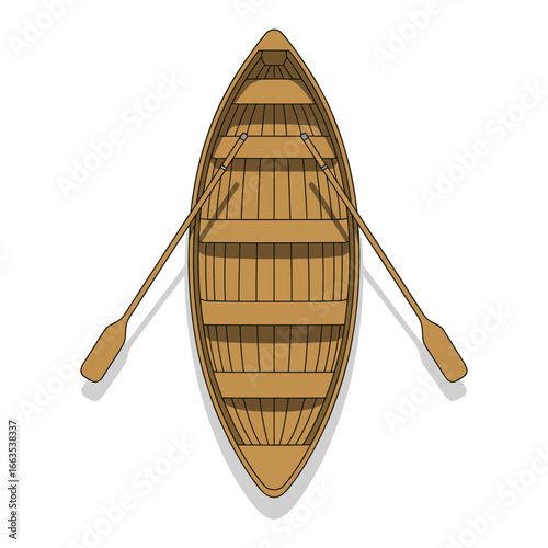 Top-down illustration of a classic wooden rowboat with oars, perfect for representing leisure, recreation, and traditional water transport on calm waters.