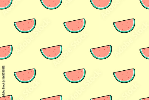 Cute seamless pattern, appetizing watermelon with pink flesh on  yellow background. Bright, fresh, summer mood. Flat design. For backgrounds, wallpapers, textiles, packaging or websites.