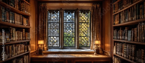 Cozy corner library with leaded windows