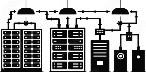 Server room illustration, data center setup, network equipment, cooling units, digital infrastructure, mainframe rack, piping system, technology vector