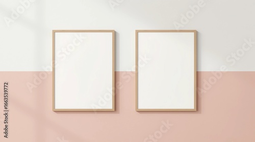 Wallpaper Mural two wooden frames on pink and white wall, frame mockup, 3d render Torontodigital.ca