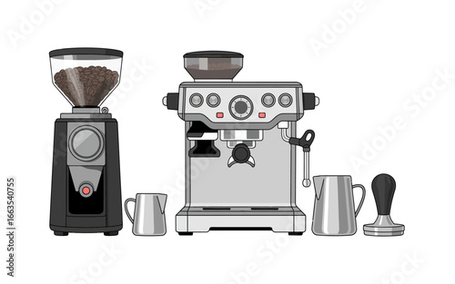 Brewing Bliss Professional Coffee Preparation Vector Illustration with Grinder, Machine, and Accessories