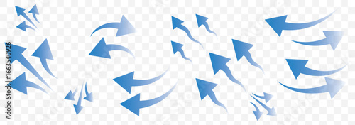 Air flow arrows set. Set of blue arrow showing wind air flow. Vector set of air flow arrows. Blue air flow arrows showing wind circulation and ventilation. Set of blue arrows showing cold air