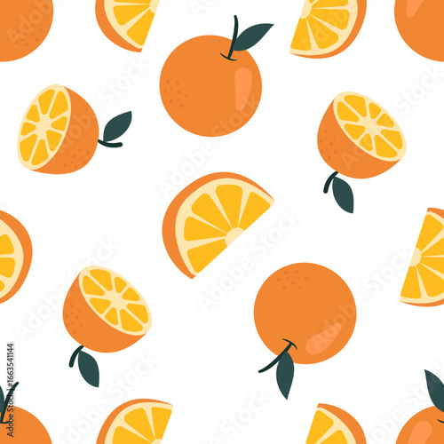 Fresh oranges scattered in a playful, seamless pattern, suitable for vibrant designs, textiles, or summer-themed creative projects.