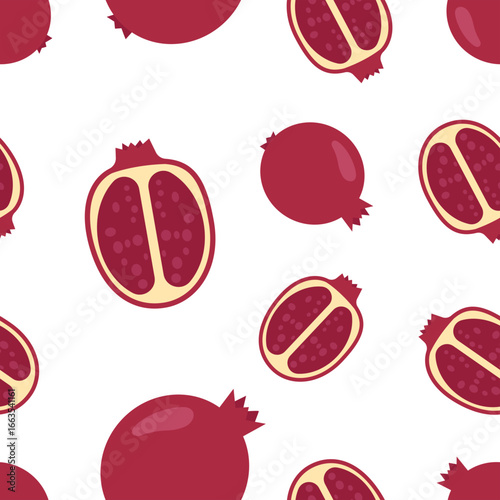 Decorative seamless pattern with ripe pomegranates creates an appetizing design, ideal for kitchen decor, textile prints, or vibrant food packaging.