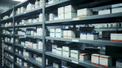 Shelves stocked with medication containers in a storage room