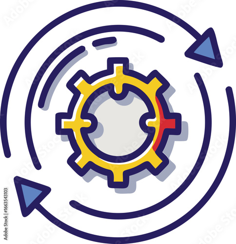 cartoon-style illustration of a gear rotating within a continuous feedback loop. gear icon vector illustration, gear wheel icon, vector gear icon, 