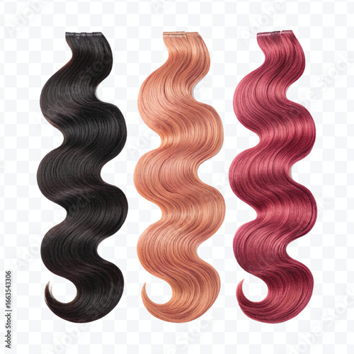 realistic 3d  three copper hair swatches in different colour style isolated on transparent background