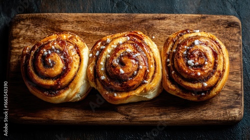 Three cinnamon rolls on a wooden board