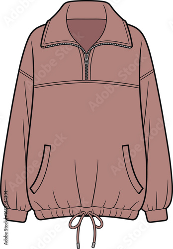 CAD drawing flat vector illustration of oversized pullover jacket, flap pockets, zipper front, drawstring hem, comfy casual fashion layout