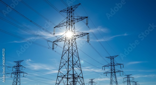 Silhouetted power transmission towers and lines against a vibrant blue sky with a radiant sunburst. Symbolizes energy, modern infrastructure, and power distribution.