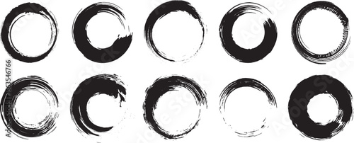 Abstract grunge enso circles with bold ink brush textures, Japanese art style inspiration, symbolic imperfect loops, and meditative round strokes for design and graphics.