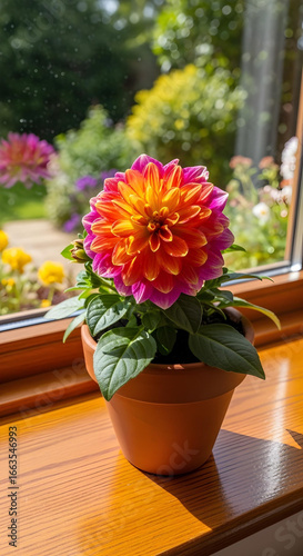 Wallpaper Mural Colorful potted flower on windowsill with soft light and garden view Torontodigital.ca