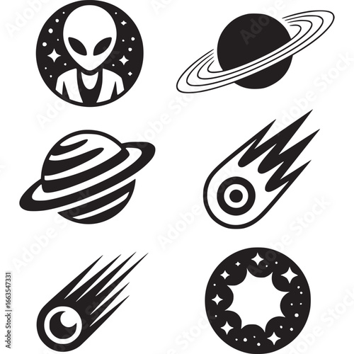 Art of collection of spacethemed icons including an alien, planets with rings, and comets