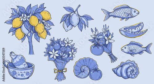 Vintage botanical and marine life elements with lemons and flowers in blue and yellow