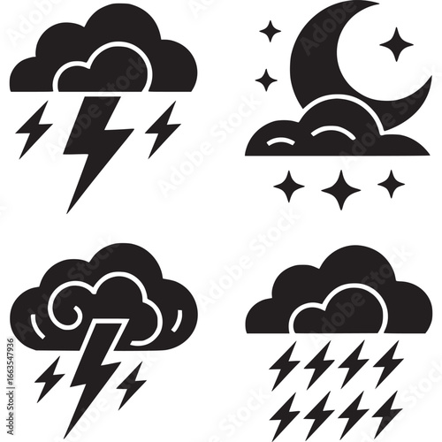 Art of collection of weather icons featuring clouds, lightning, thunder, rain, and a crescent moon with stars, representing stormy weather conditions and atmospheric phenomena