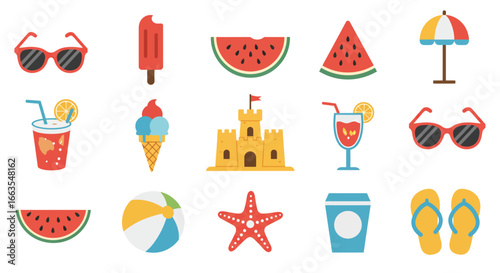 Colorful summer vacation icons: beach, ice cream, drinks, sunglasses, sandcastle
