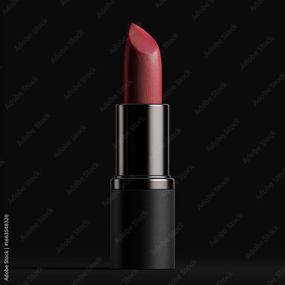 Obraz premium Close-up of a dark burgundy lipstick against a black background. The lipstick's cap and body are matte black. A glossy, burgundy color is visible on the lipstick's tip