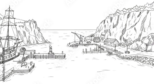 Hand drawn harbor scene with ship, cliffs, and lighthouse in black and white