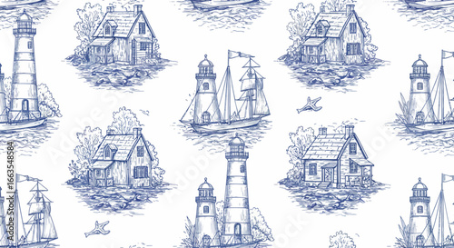 Nautical seamless pattern with lighthouses and sailboats in sketch style