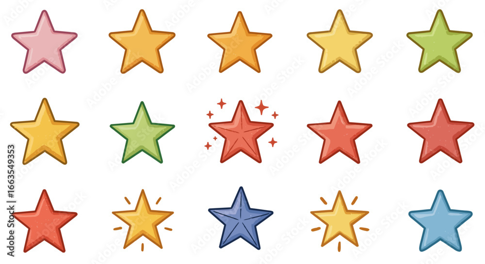 Fototapeta premium Colorful assorted stars collection with texture and sparkle effects