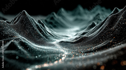 Data technology background with dots and binary code on 3D wave landscape. Big data and science, computing, digital processing and storage, virtual reality, cyberspace, metaverse, high speed internet.