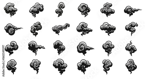 Stylized black and white smoke cloud icons for creative designs