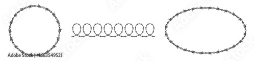 Barbed wire elements are arranged in circle, ellipse, and straight line shapes, offering versatile design assets for diverse graphic projects.