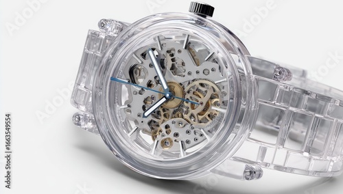 Transparent watch with visible movement.  Clear plastic case and strap.  Clean, modern design
