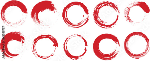 Textured brush circle collection in red and black enso style, offering artistic rings, abstract zen loops, Japanese cultural symbols, and spiritual meditation inspired designs.