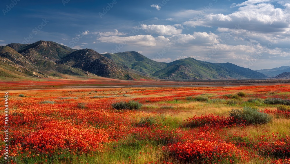 Fototapeta premium Vast expanse of vibrant red wildflowers in a valley, framed by rugged mountains under a partly cloudy sky