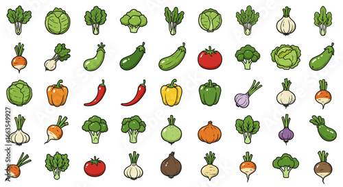 Colorful assorted vegetables set in hand-drawn style on white background