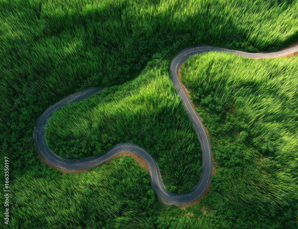 Fototapeta premium Winding road through lush green forest. High-angle, aerial view of a twisting asphalt road snaking through a dense, vibrant green forest