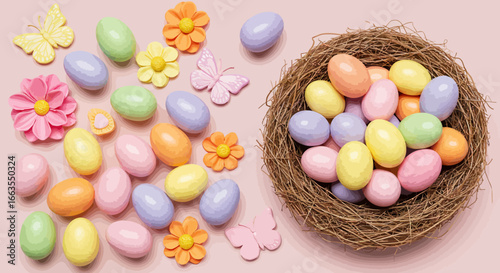Colorful pastel easter eggs and decorative flowers with butterfly accents in a nest
