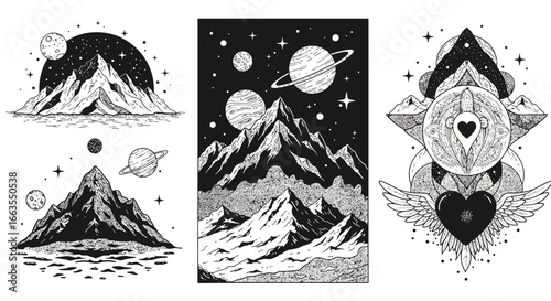 Mystical mountain landscapes with planetary elements and ornamental designs