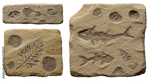 Ancient fossils embedded in rock: realistic depictions of prehistoric marine life