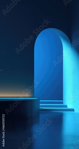 Wallpaper Mural Modern, minimalist, archway scene in cool blue tones.  A dark blue pedestal sits in front of a glowing blue archway Torontodigital.ca