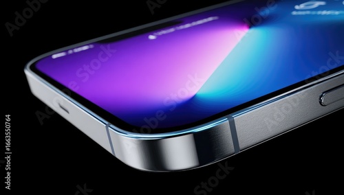 Close-up of a smartphone's edge, showcasing a sleek, metallic frame and vibrant gradient display