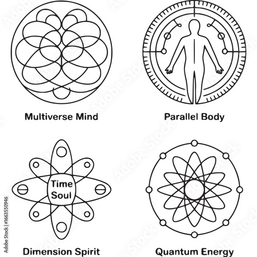 Art of four abstract symbolic representations of metaphysical concepts including multiverse mind, parallel body, dimension spirit, and quantum energy