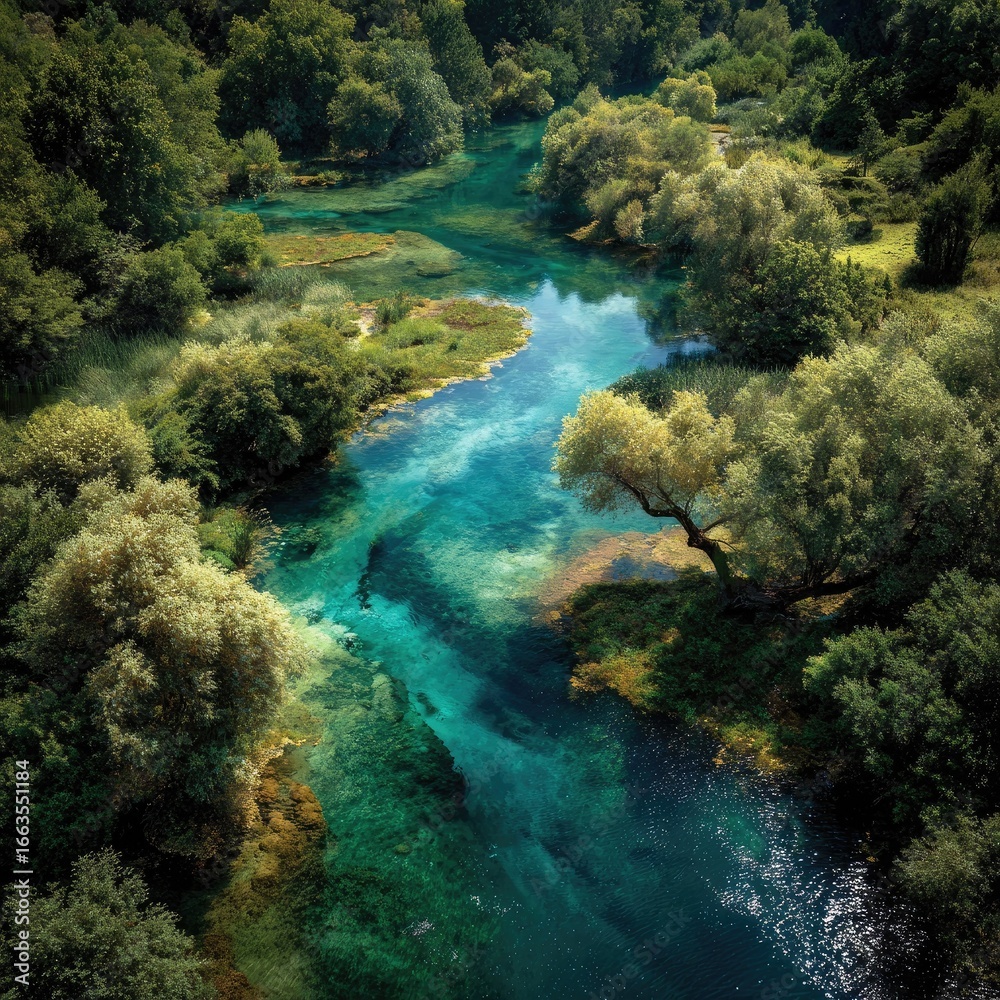 Obraz premium Serene river winding through lush forest, vibrant turquoise water