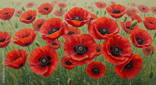 Vibrant red poppies in full bloom against a lush green background